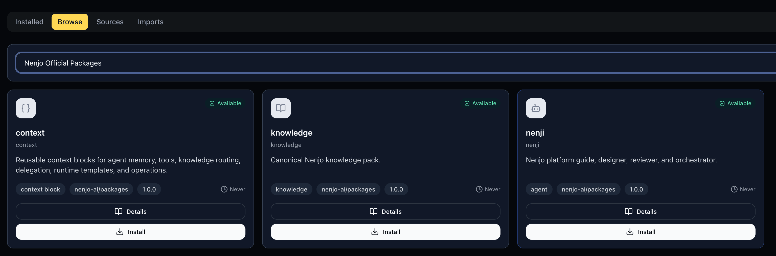 The Packages marketplace in the Nenjo dashboard