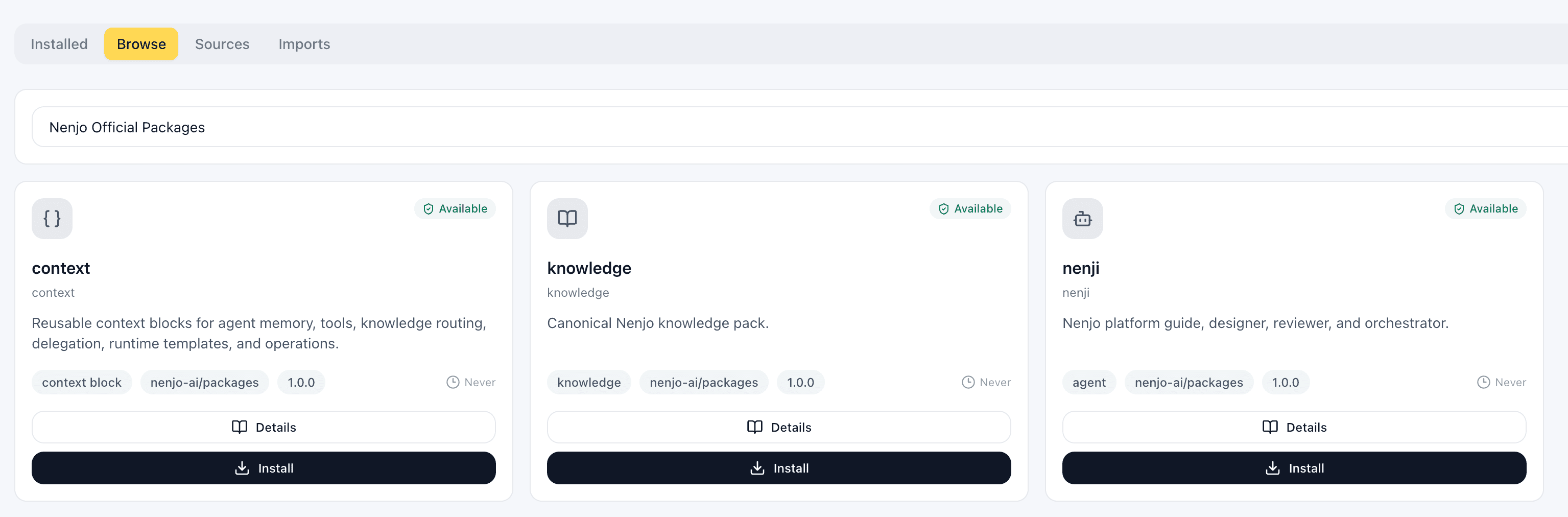 The Packages marketplace in the Nenjo dashboard