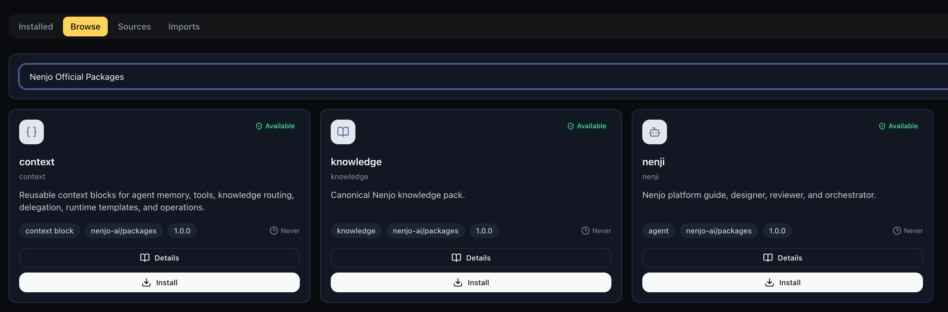 The Packages marketplace in the Nenjo dashboard