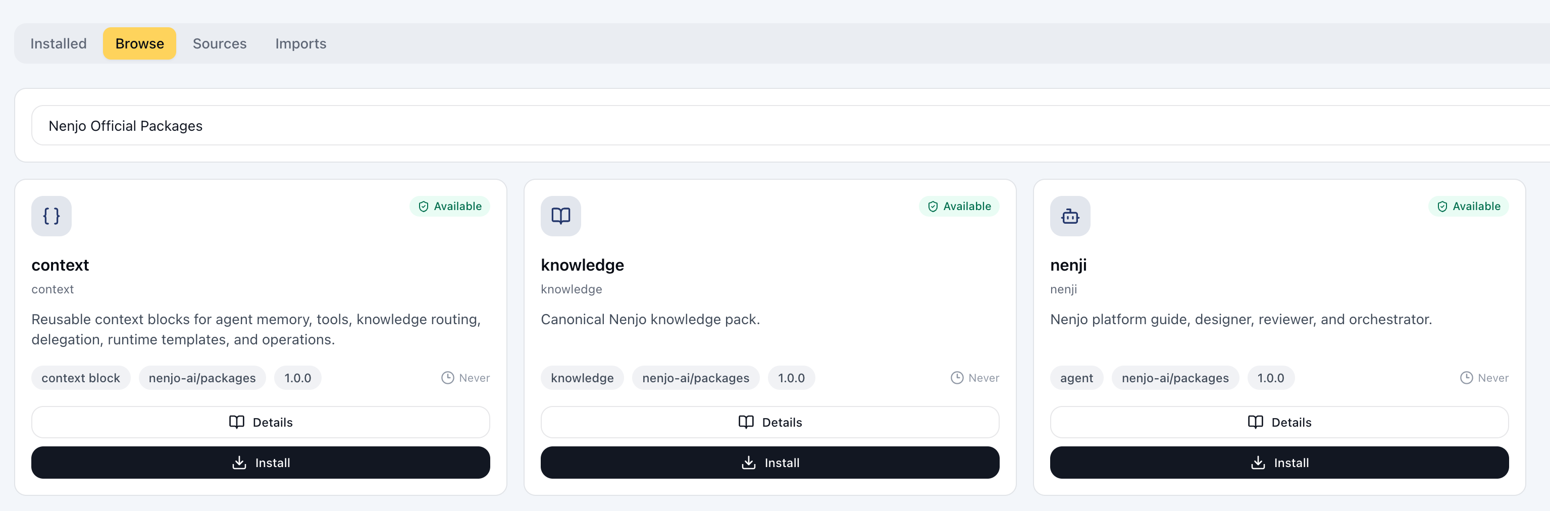 The Packages marketplace in the Nenjo dashboard